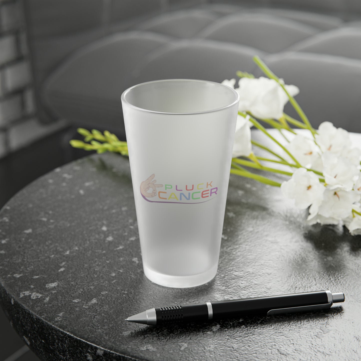 Frosted Pint Glass, 16oz-"PLUCK CANCER"