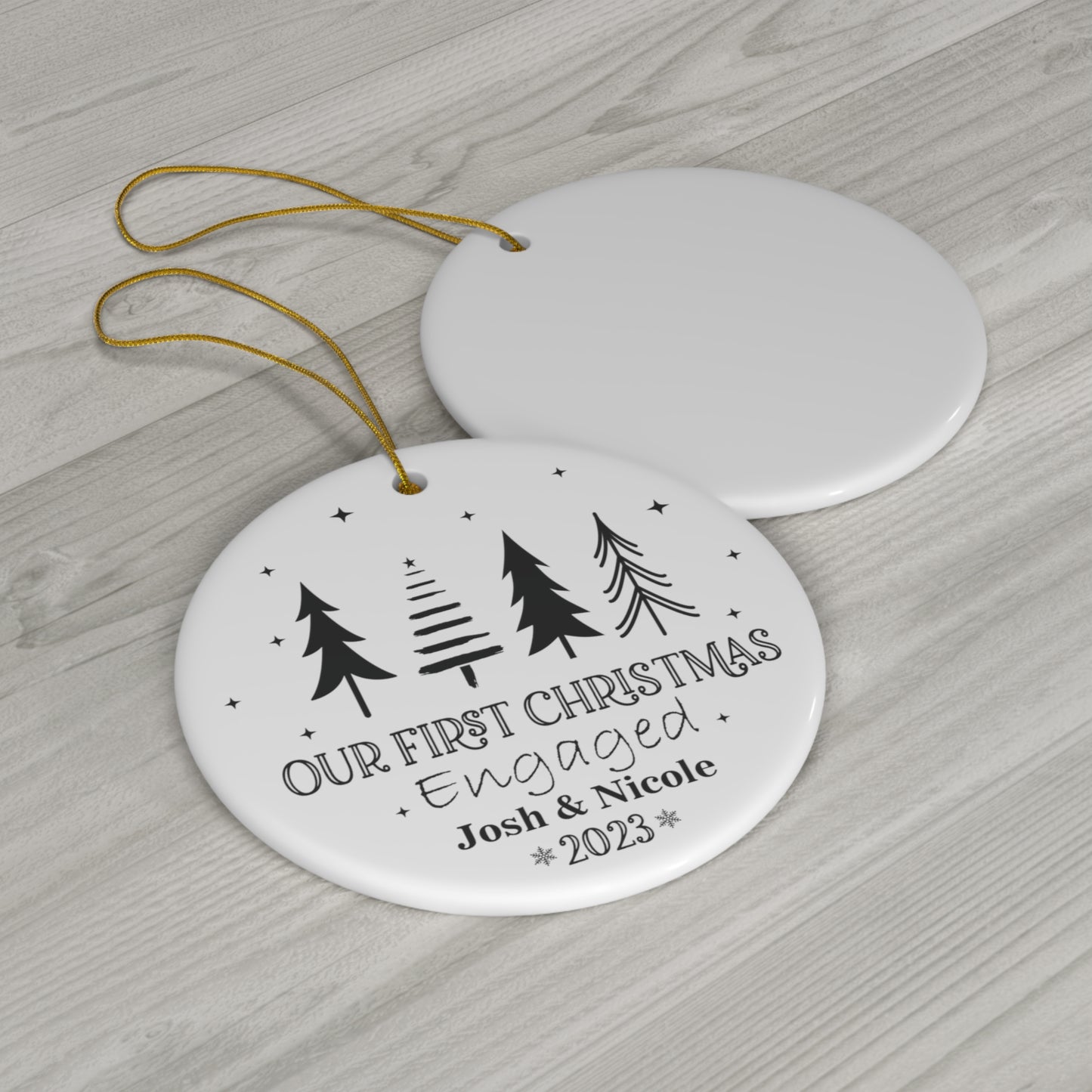 Customizable Our First Christmas Engaged Ceramic Ornament