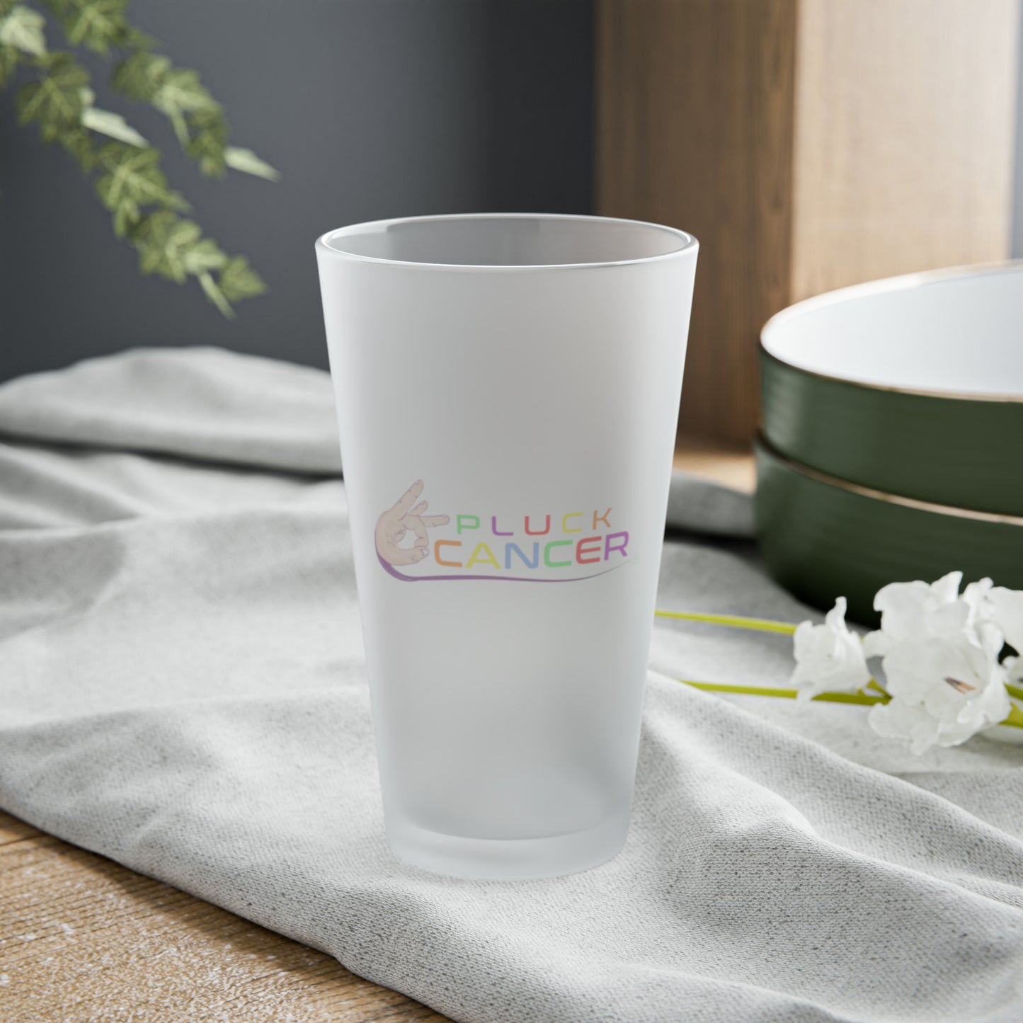 Frosted Pint Glass, 16oz-"PLUCK CANCER"