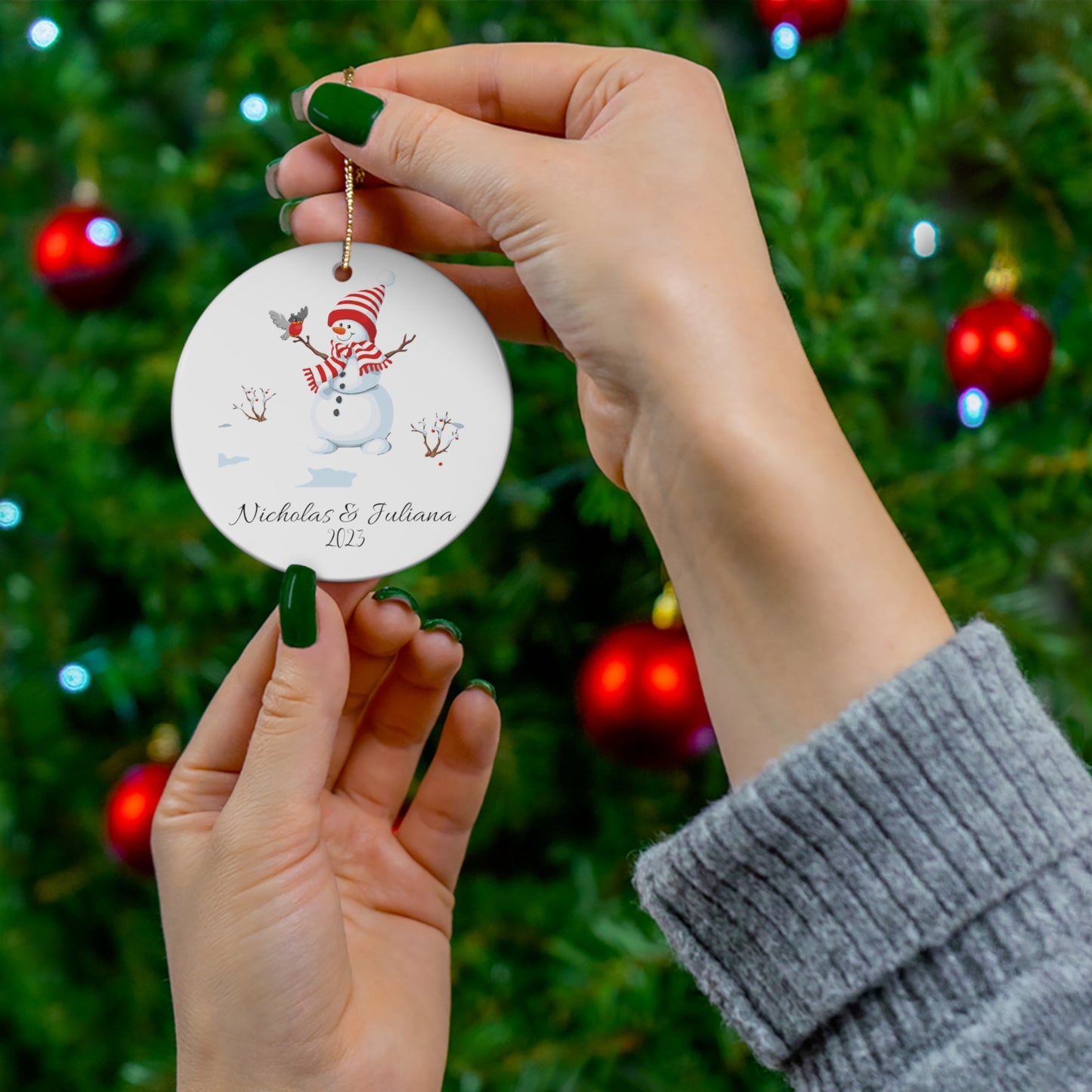 Customizable Christmas Snowman Name Ceramic Ornament