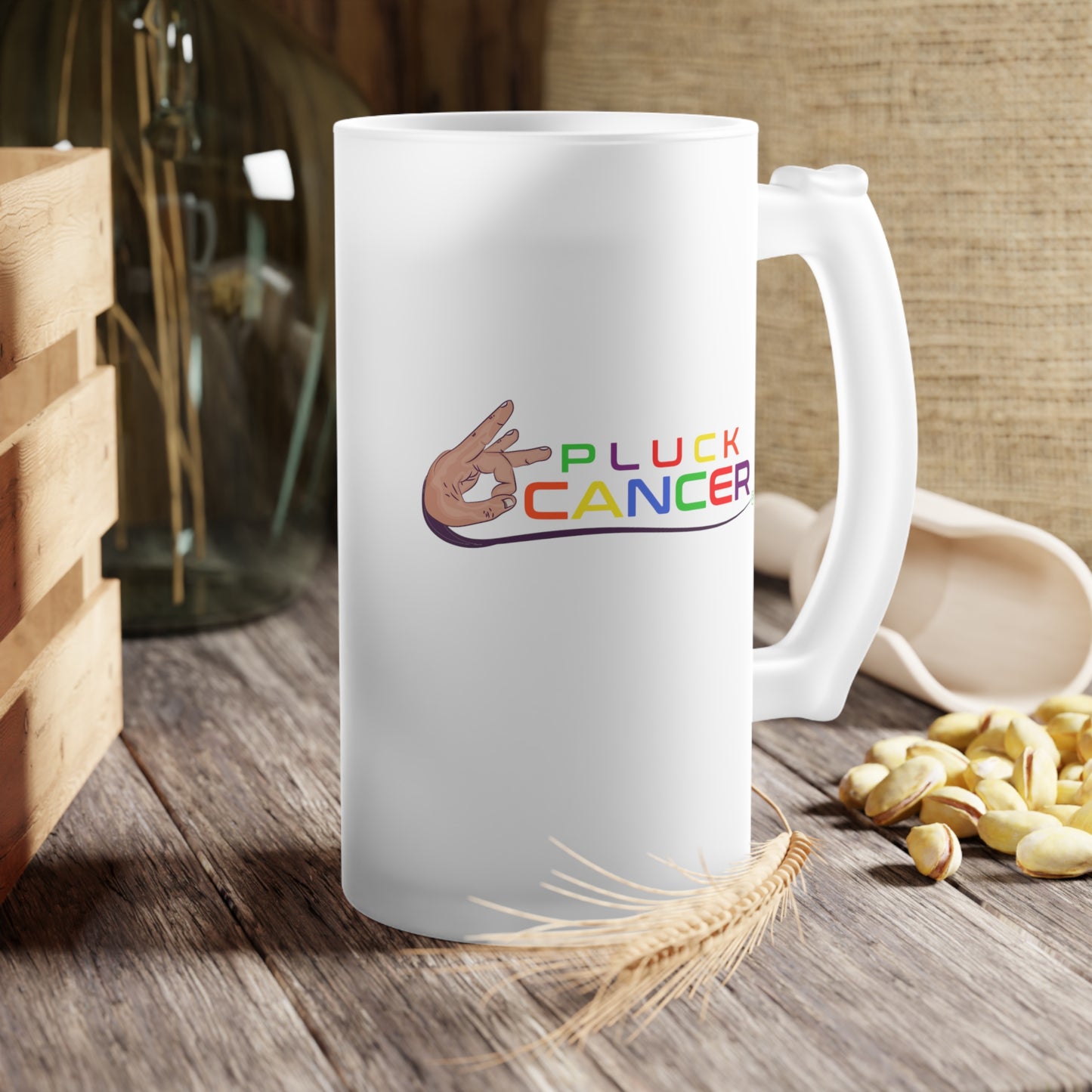 Frosted Glass Beer Mug-"PLUCK CANCER!"