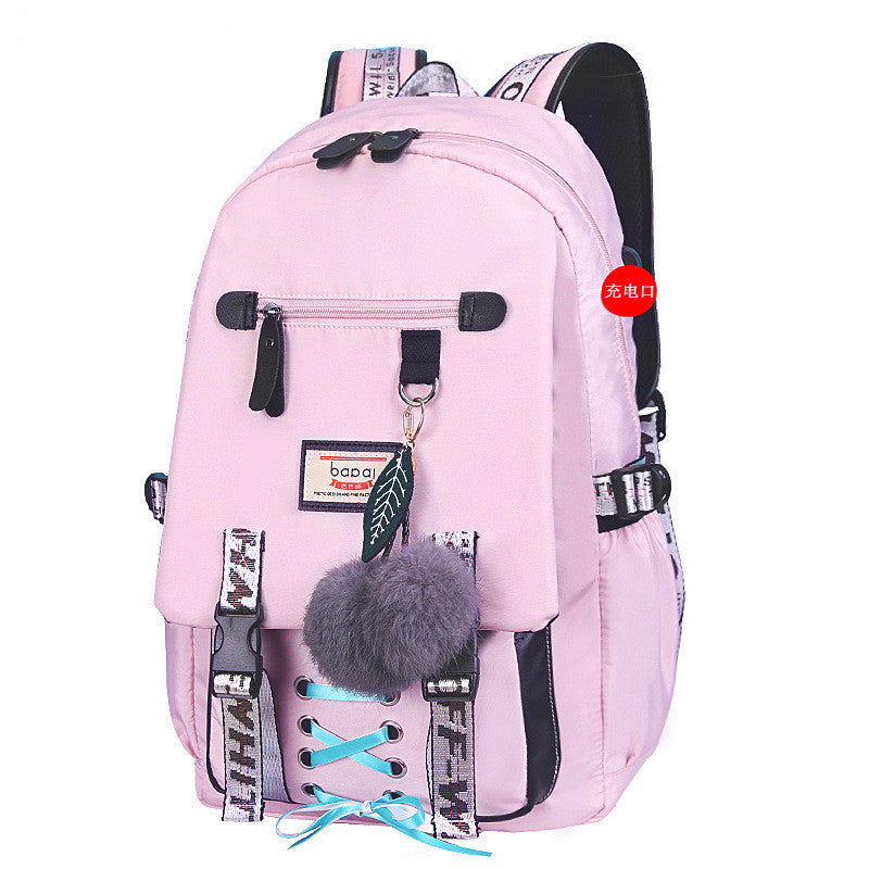 Female Student Backpack with Cell Phone Charger for Junior High School of High School.