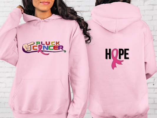 Stay warm and show your support for breast cancer awareness with our light pink 'Pluck Cancer' women's hooded sweatshirt. A cozy and stylish way to spread hope and raise awareness. Get yours today!