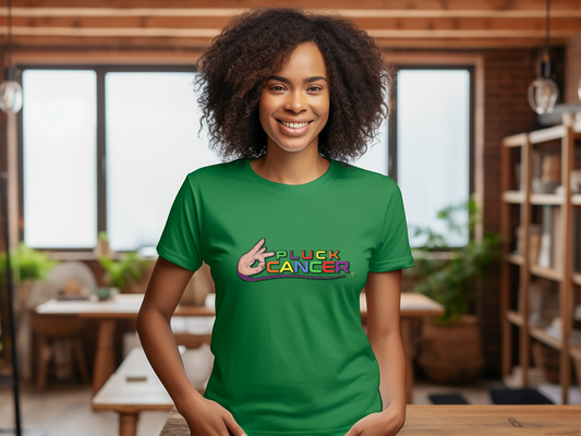 Show your support in style with our Turf Green 'Pluck Cancer' women's cotton t-shirt. Stay comfortable while raising awareness for a noble cause. Join the fight today!