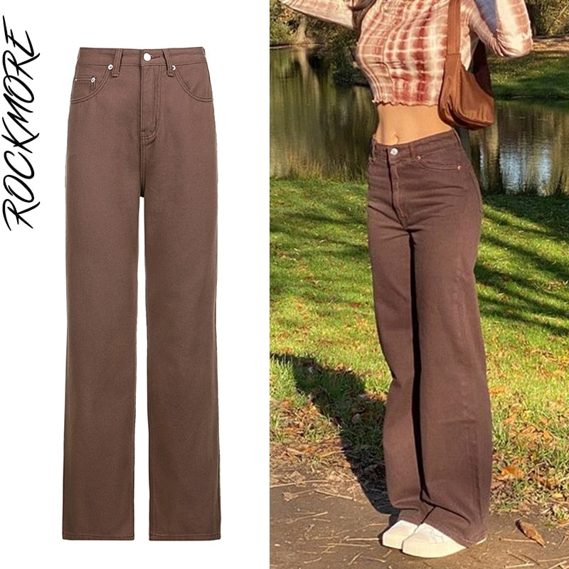 Rockmore Brown Vintage Baggy Jeans Women 90s Streetwear Pockets Wide Leg Cargo Pants Low Waist Straight Denim Trousers 2021