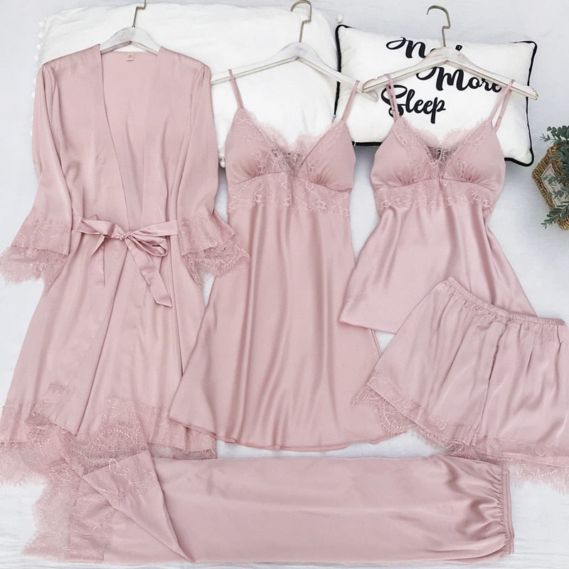 Pajamas Set Silk Satin Womens Lace Nightwear Spring Strap Pyjamas Suit Female Lounge Sleepwear with Chest Pads Home Wear