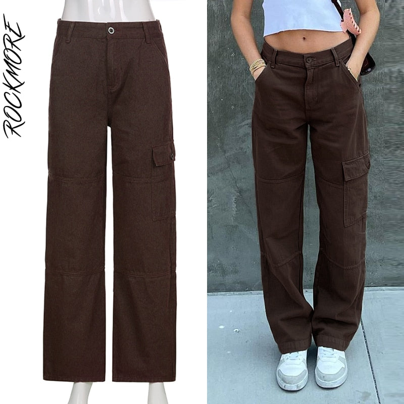 Rockmore Brown Vintage Baggy Jeans Women 90s Streetwear Pockets Wide Leg Cargo Pants Low Waist Straight Denim Trousers 2021