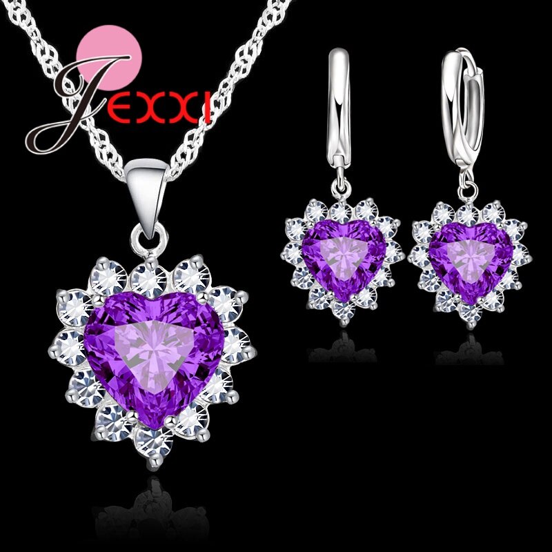 Real 925 Sterling Silver Romantic Trendy Heart Cubic Zirconia Necklace Pendant Earrings Set For Women Female Jewelry Gift