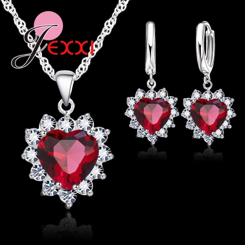 Real 925 Sterling Silver Romantic Trendy Heart Cubic Zirconia Necklace Pendant Earrings Set For Women Female Jewelry Gift