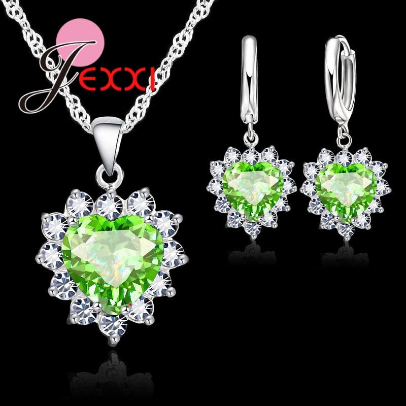 Real 925 Sterling Silver Romantic Trendy Heart Cubic Zirconia Necklace Pendant Earrings Set For Women Female Jewelry Gift