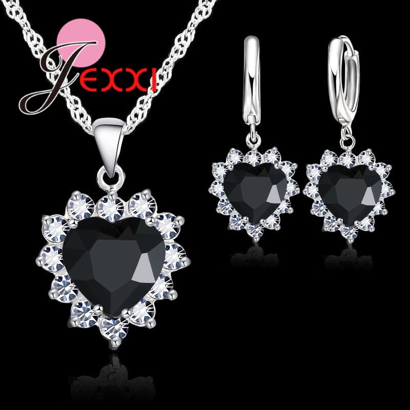 Real 925 Sterling Silver Romantic Trendy Heart Cubic Zirconia Necklace Pendant Earrings Set For Women Female Jewelry Gift