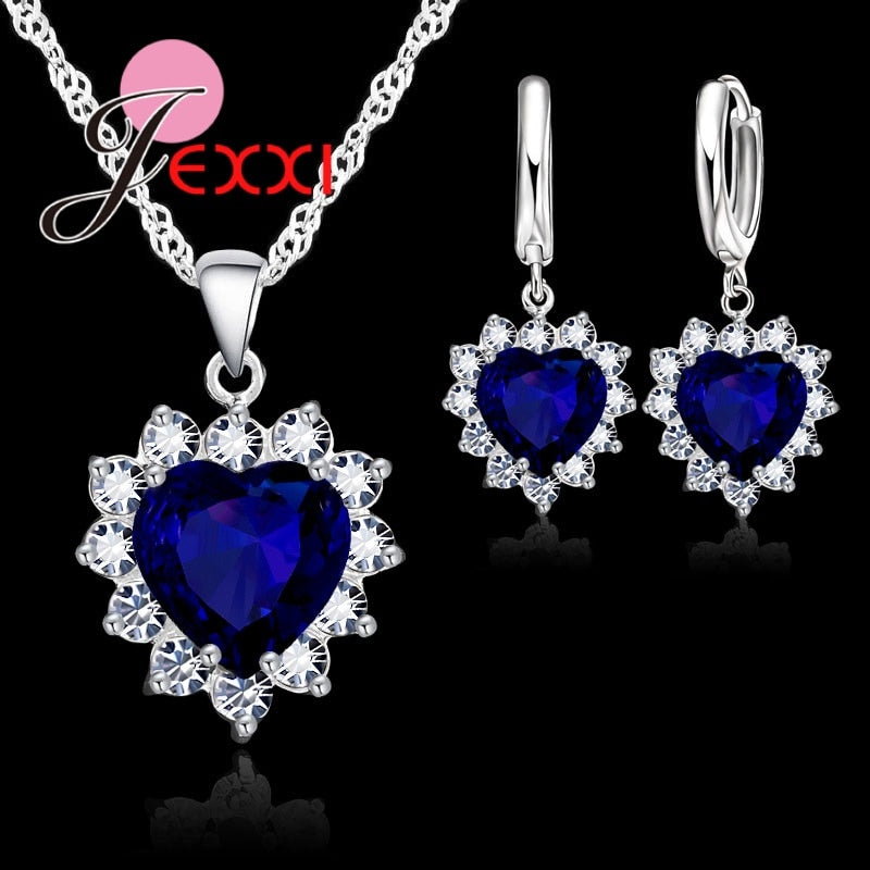 Real 925 Sterling Silver Romantic Trendy Heart Cubic Zirconia Necklace Pendant Earrings Set For Women Female Jewelry Gift