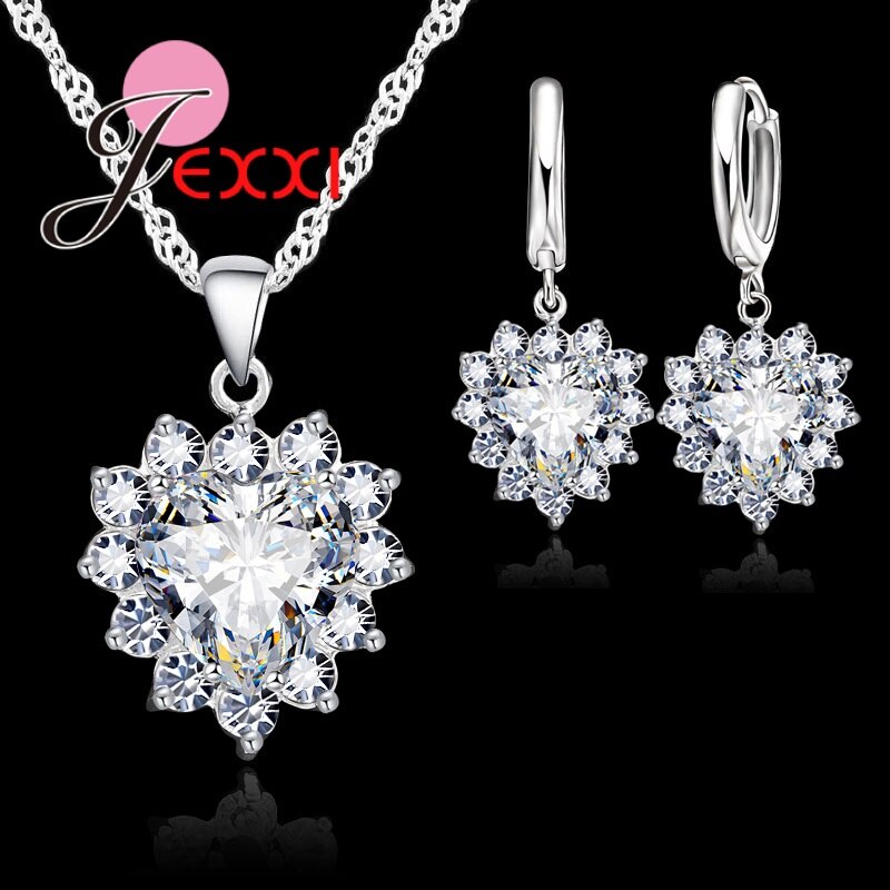 Real 925 Sterling Silver Romantic Trendy Heart Cubic Zirconia Necklace Pendant Earrings Set For Women Female Jewelry Gift