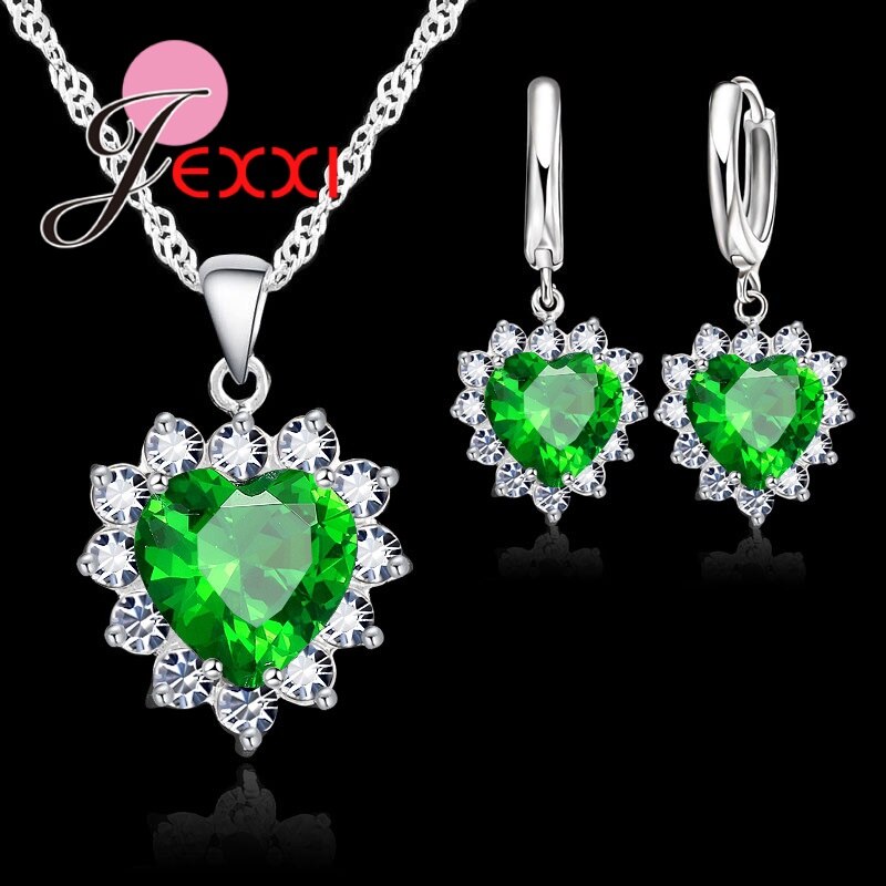 Real 925 Sterling Silver Romantic Trendy Heart Cubic Zirconia Necklace Pendant Earrings Set For Women Female Jewelry Gift