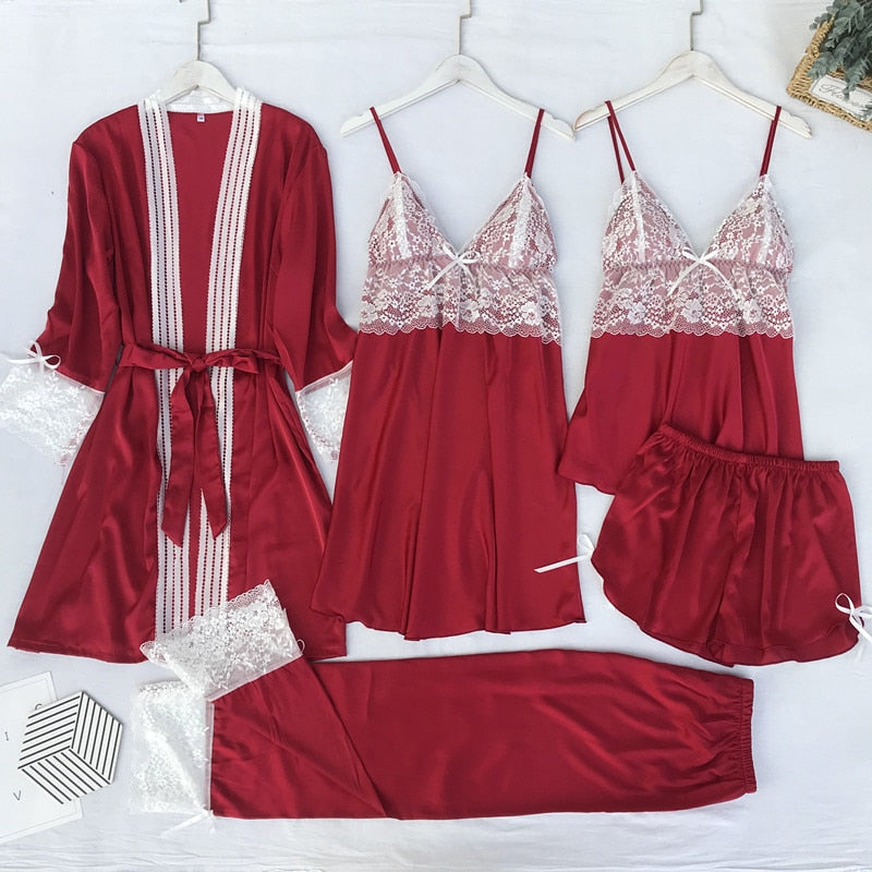 Pajamas Set Silk Satin Womens Lace Nightwear Spring Strap Pyjamas Suit Female Lounge Sleepwear with Chest Pads Home Wear