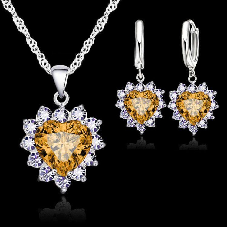 Real 925 Sterling Silver Romantic Trendy Heart Cubic Zirconia Necklace Pendant Earrings Set For Women Female Jewelry Gift