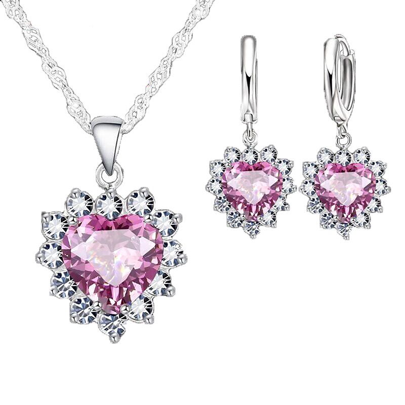 Real 925 Sterling Silver Romantic Trendy Heart Cubic Zirconia Necklace Pendant Earrings Set For Women Female Jewelry Gift