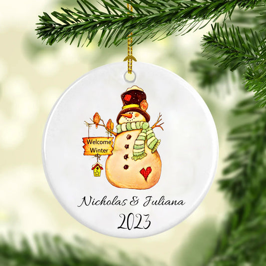 Customizable Golden Christmas Snowman Name Ceramic Ornament