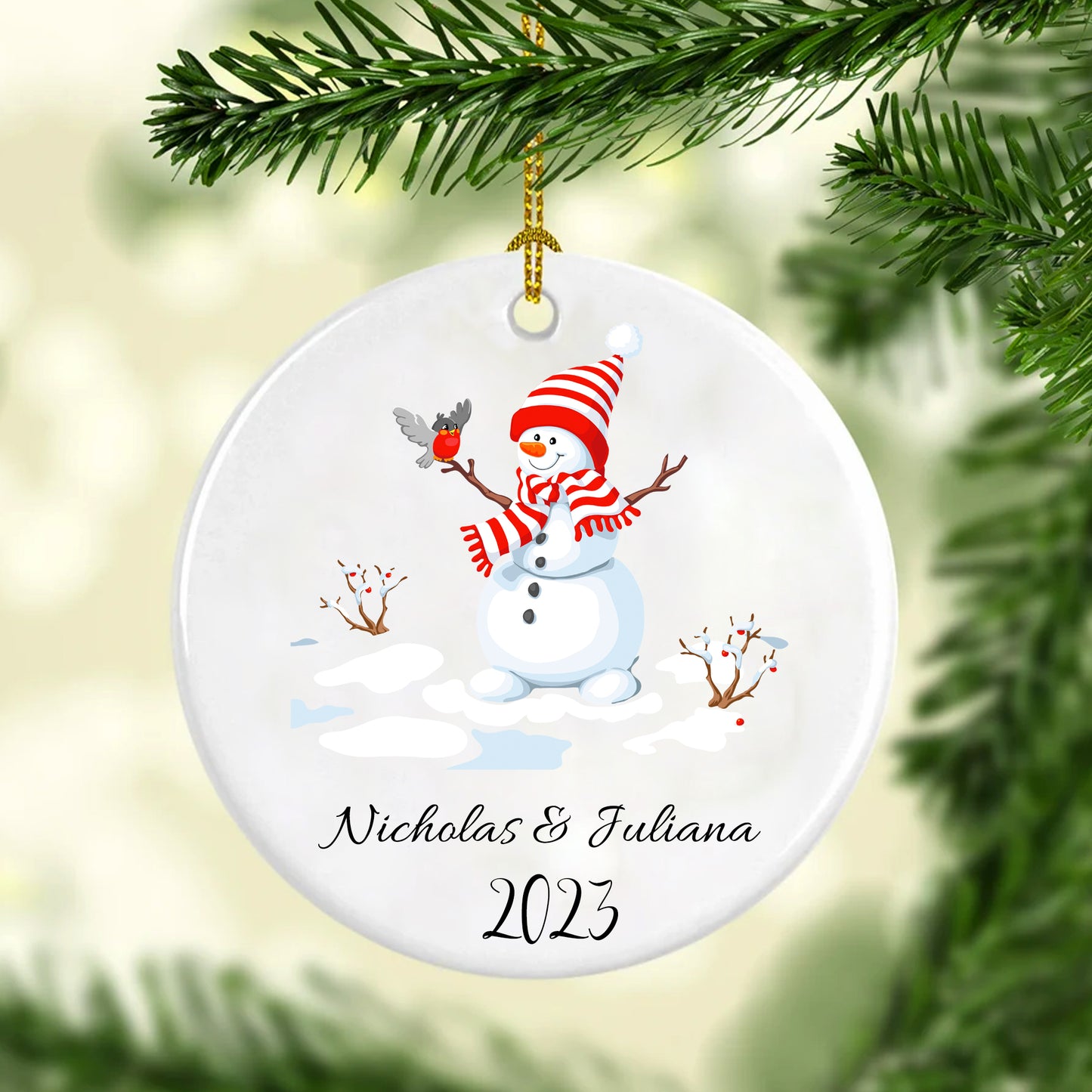 Customizable Christmas Snowman Name Ceramic Ornament