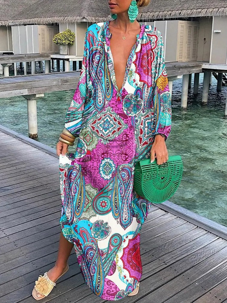 2023 Vintage Swimsuit Cover Up Women Beach Dress Kaftan Sexy Deep V-neck Bikini Cover-ups Dresses Summer Woman Clothes Robe