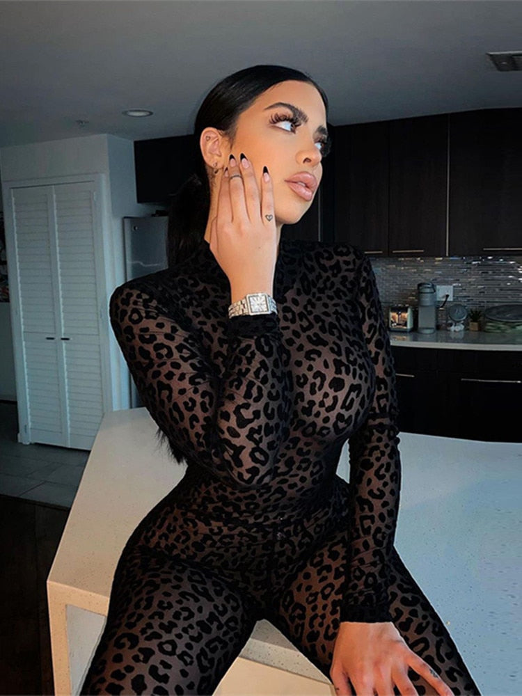 hirigin Animal Instinct Mesh Bodystocking Leopard See Through Velour Long Sleeve Rompers Womens Jumpsuit Sexy Midnight Clubwear