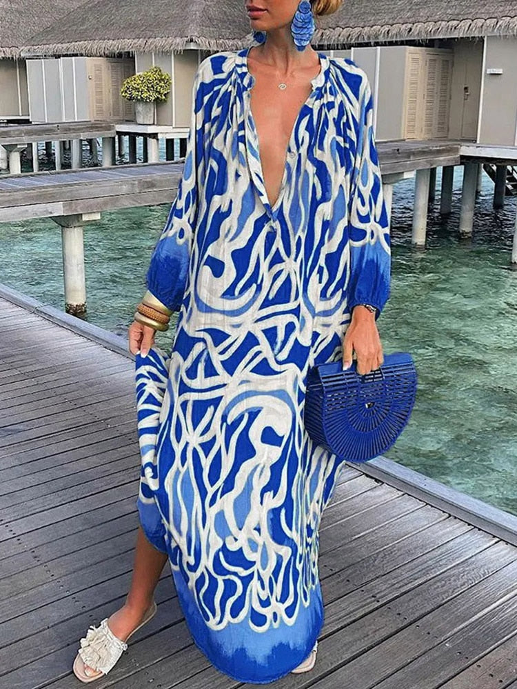 2023 Vintage Swimsuit Cover Up Women Beach Dress Kaftan Sexy Deep V-neck Bikini Cover-ups Dresses Summer Woman Clothes Robe