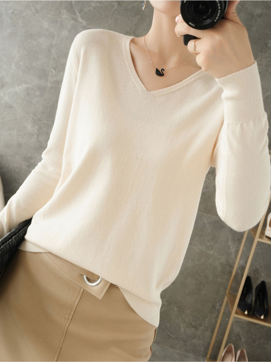 YSZWDBLX Womens Sweaters Spring Autumn V-neck Knitted Pullovers Loose Bottoming Shirt Cashmere Fashion Jumper Solid Pink Sweater