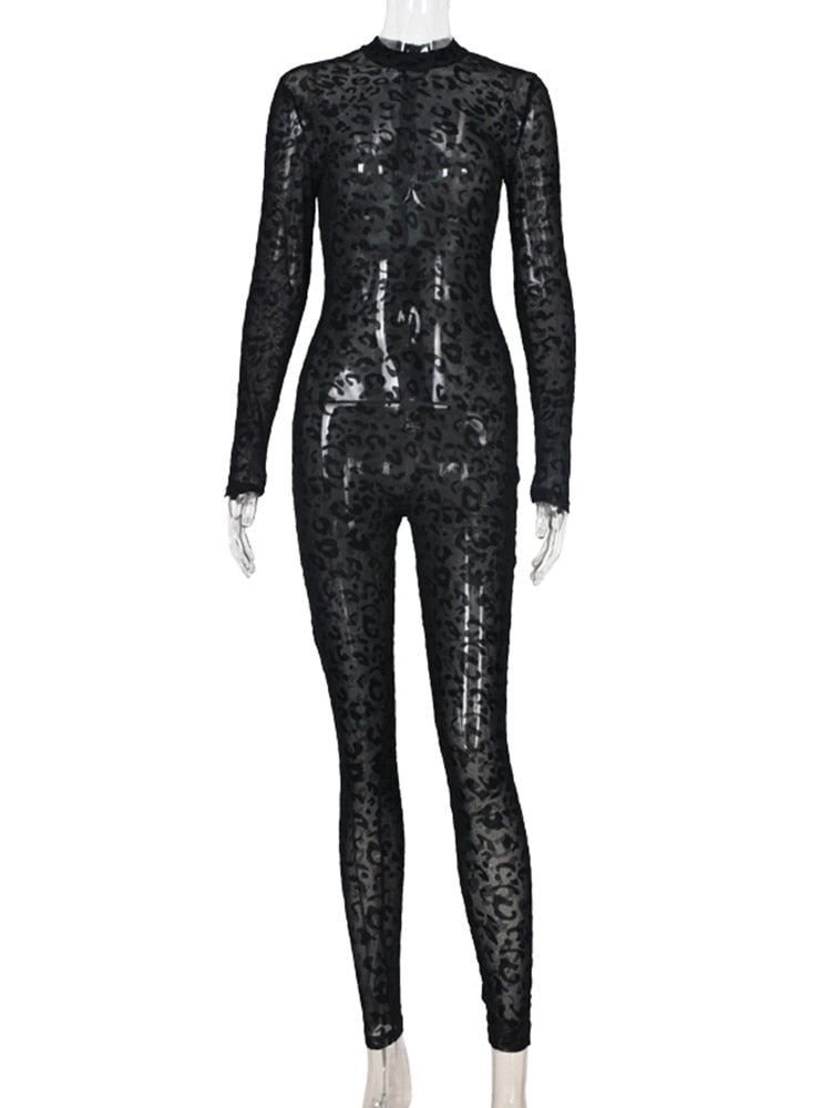 hirigin Animal Instinct Mesh Bodystocking Leopard See Through Velour Long Sleeve Rompers Womens Jumpsuit Sexy Midnight Clubwear