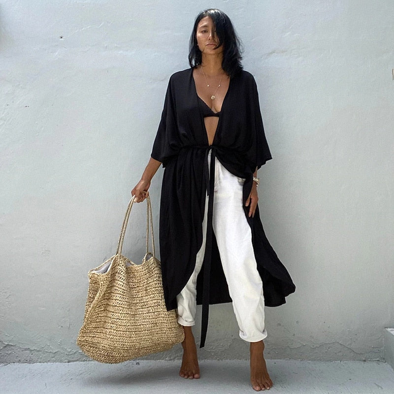 Beach Cover Up Kimono Women Summer 2022 New Pareo Swimsuit Cape Solid Bohemian Tunic Dresses Bathing Suits Dropshipping