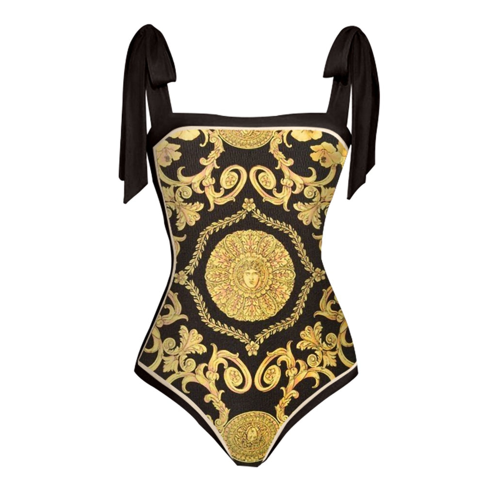 Retro Black Gold Color Matching Printed One-piece Swimsuit Sexy Beach Swimsuit Fashion Strap Cover-up Blouse Pre-sale New 2023