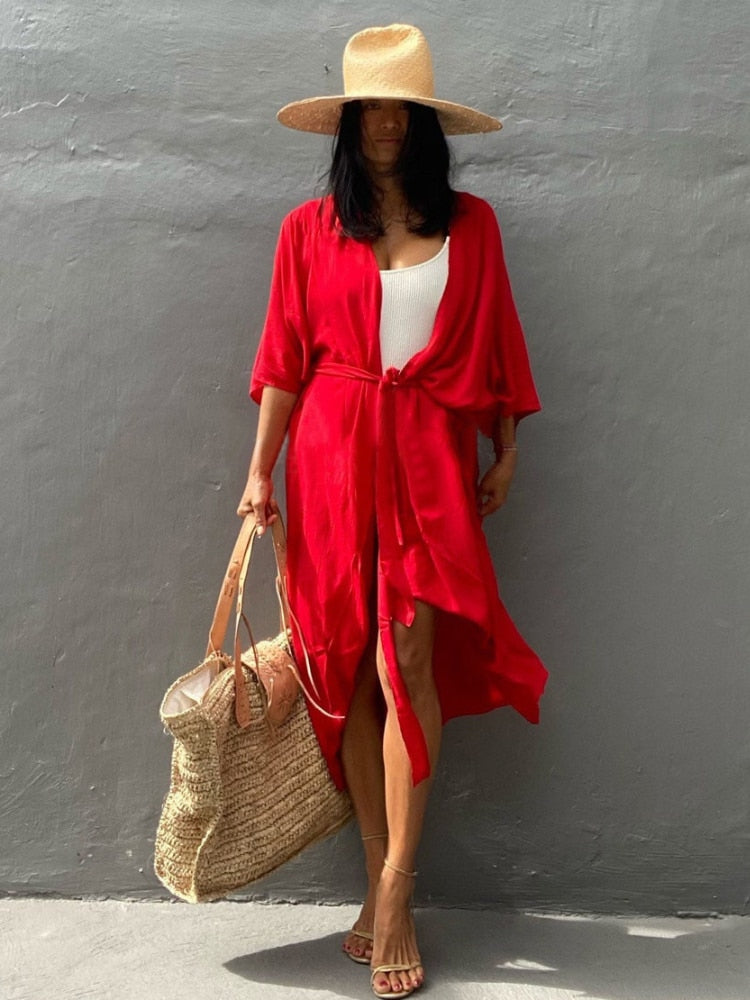Beach Cover Up Kimono Women Summer 2022 New Pareo Swimsuit Cape Solid Bohemian Tunic Dresses Bathing Suits Dropshipping