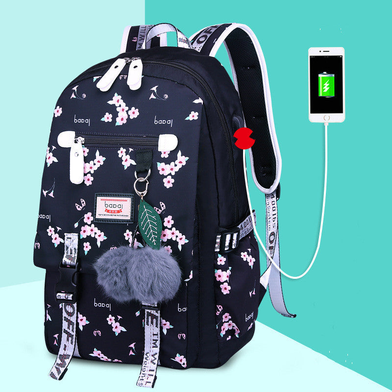Female Student Backpack with Cell Phone Charger for Junior High School of High School.