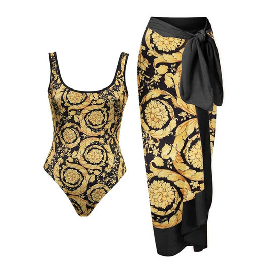 Female Retro Swimsuit Gold Backless Swimwear Vintage Holiday Beach Dress Designer Bathing Suit Summer Surf Wear Women Beachwear
