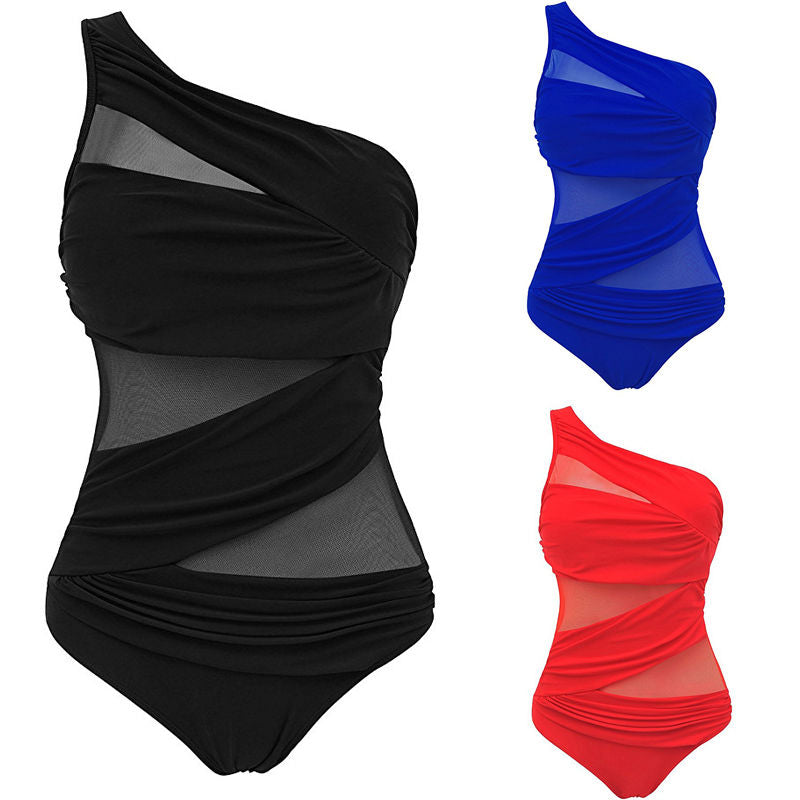 Plus Size Ladies One Piece Mesh Bandage Bikini Swimwear One Shoulder Push Up Monokini Swimsuit Bathing Suit XL XXL Beachwear Red