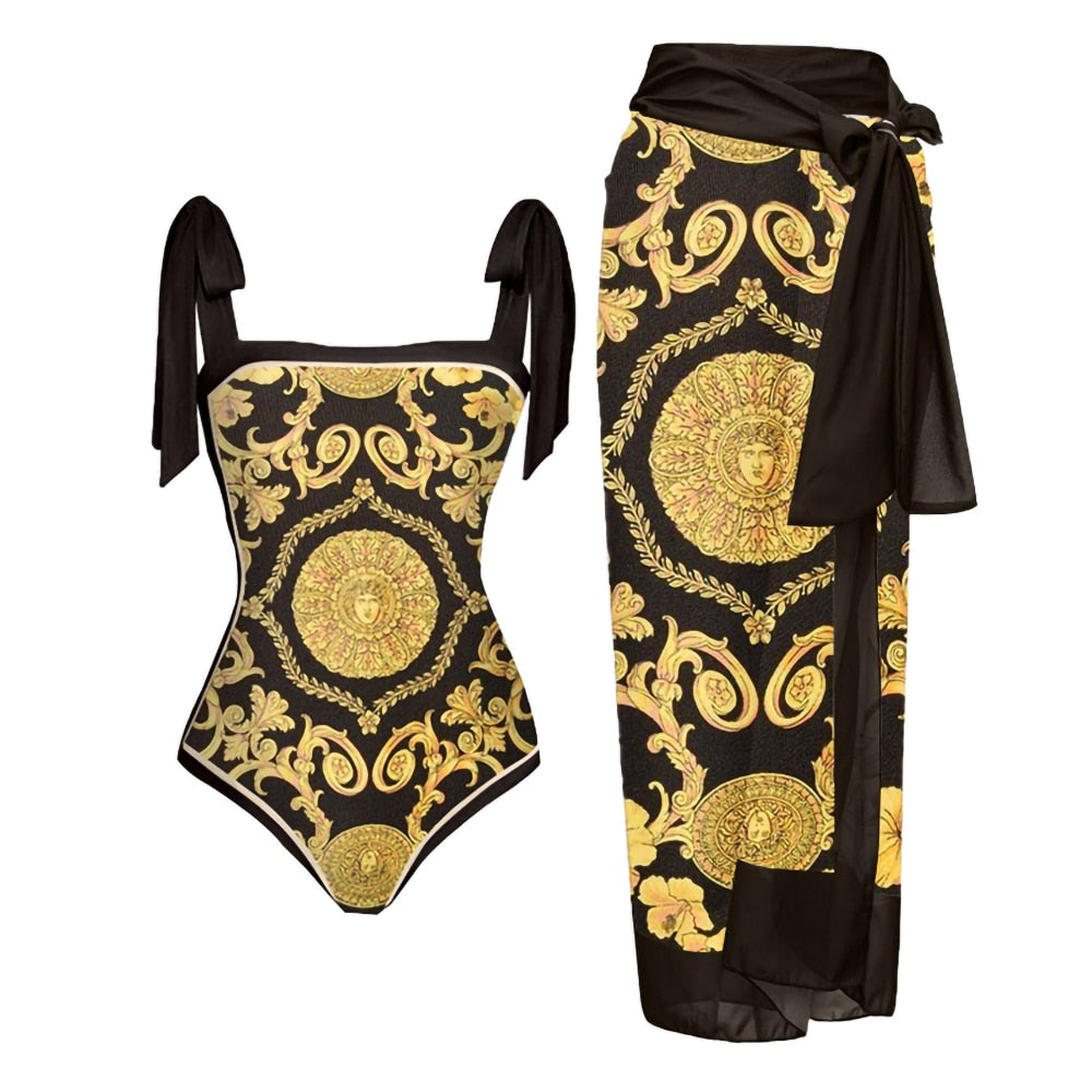 Retro Black Gold Color Matching Printed One-piece Swimsuit Sexy Beach Swimsuit Fashion Strap Cover-up Blouse Pre-sale New 2023