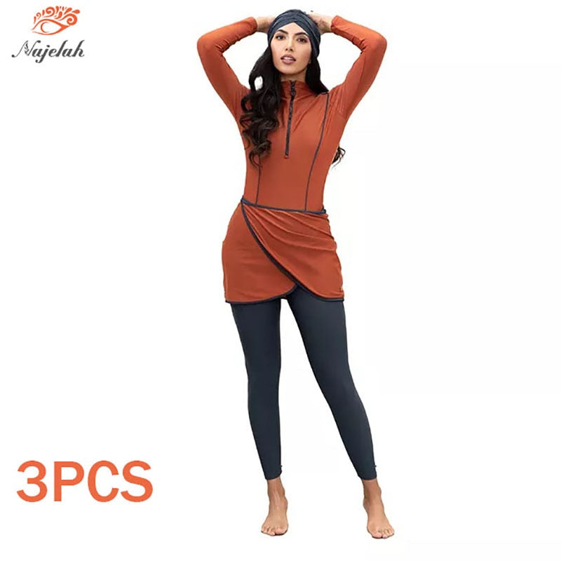 Upgrade your swimwear game with our Modest Long Sleeve Burkini Swimwear for Women, including a hijab for added coverage. Dive into fashion and faith together!