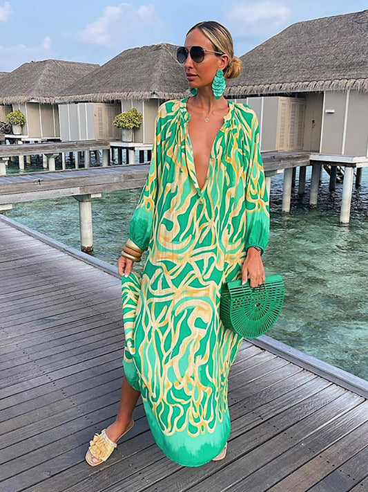 2023 Vintage Swimsuit Cover Up Women Beach Dress Kaftan Sexy Deep V-neck Bikini Cover-ups Dresses Summer Woman Clothes Robe