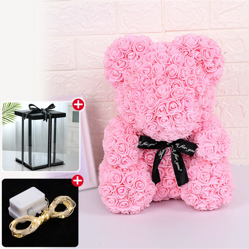 Rose Bear Artificial Flower With Box and Light Rose Teddy Bear Wedding Decor Christmas Women Valentines Girlfriend Birthday Gift
