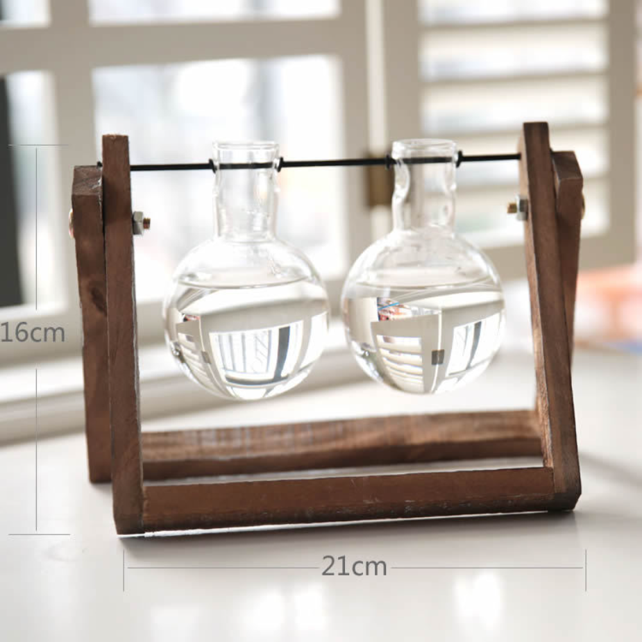 Hot selling water planting glass flower vase with wooden frame chinese home decor modern mini table vase