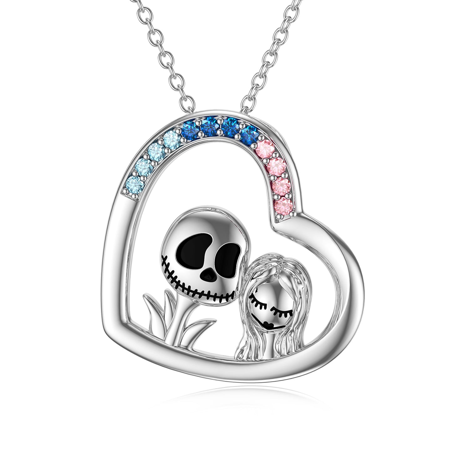 Nightmare Before Christmas Jewelry Gifts 925 Sterling Silver Jack Skellington and Sally Heart Pendant Necklace for Women Girls Halloween