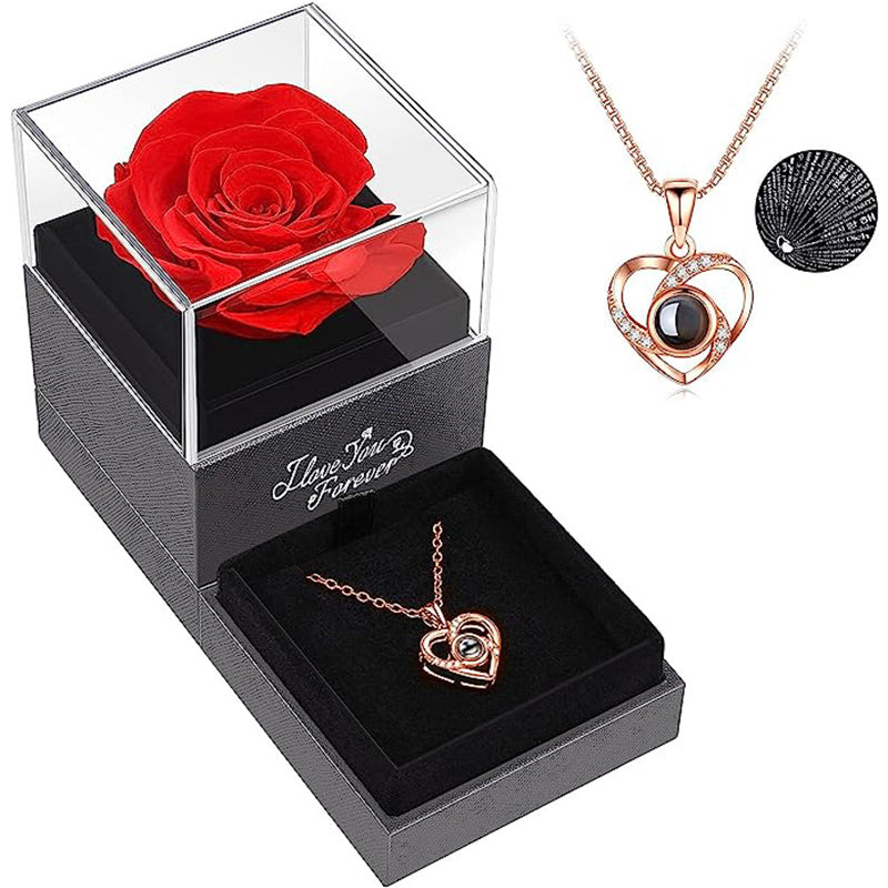 Preserved Red Real Rose with I Love You Necklace Mothers Day Gifts