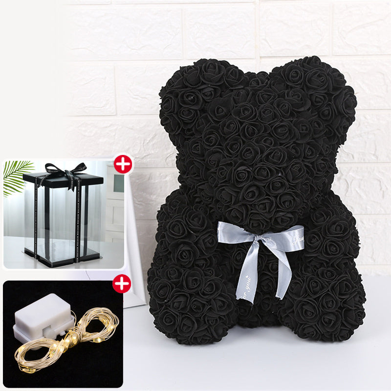 Rose Bear Artificial Flower With Box and Light Rose Teddy Bear Wedding Decor Christmas Women Valentines Girlfriend Birthday Gift