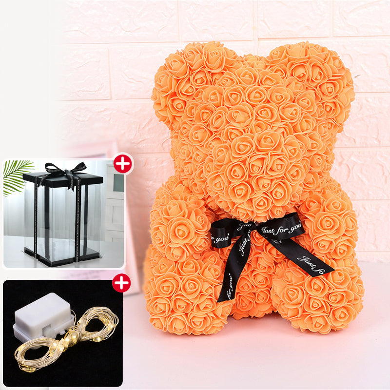 Rose Bear Artificial Flower With Box and Light Rose Teddy Bear Wedding Decor Christmas Women Valentines Girlfriend Birthday Gift