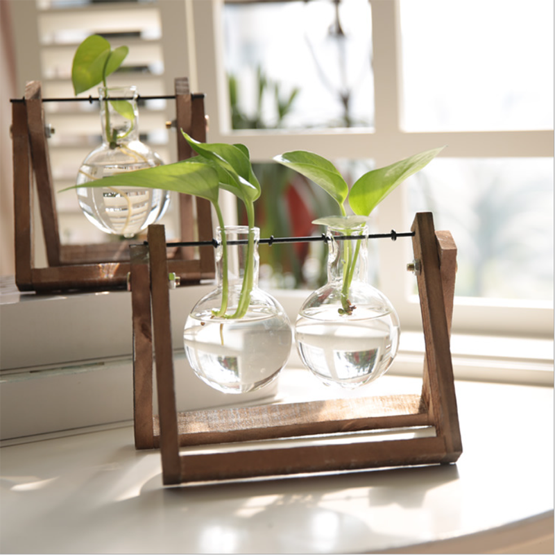 Hot selling water planting glass flower vase with wooden frame chinese home decor modern mini table vase