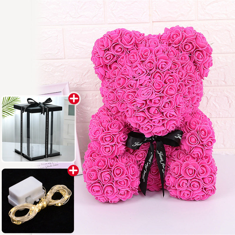 Rose Bear Artificial Flower With Box and Light Rose Teddy Bear Wedding Decor Christmas Women Valentines Girlfriend Birthday Gift