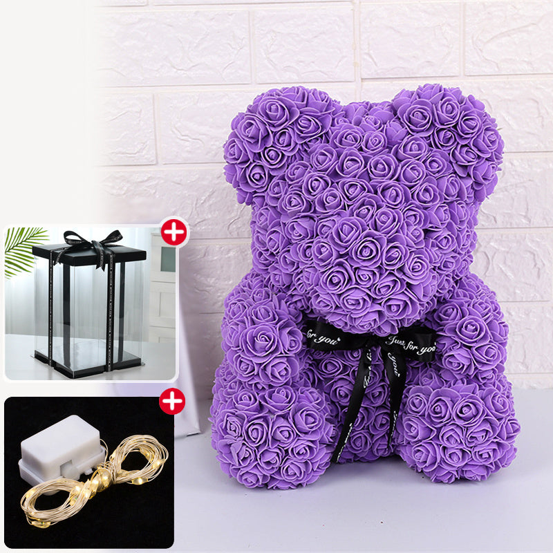 Rose Bear Artificial Flower With Box and Light Rose Teddy Bear Wedding Decor Christmas Women Valentines Girlfriend Birthday Gift