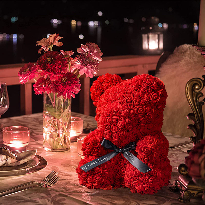 Rose Bear Artificial Flower With Box and Light Rose Teddy Bear Wedding Decor Christmas Women Valentines Girlfriend Birthday Gift