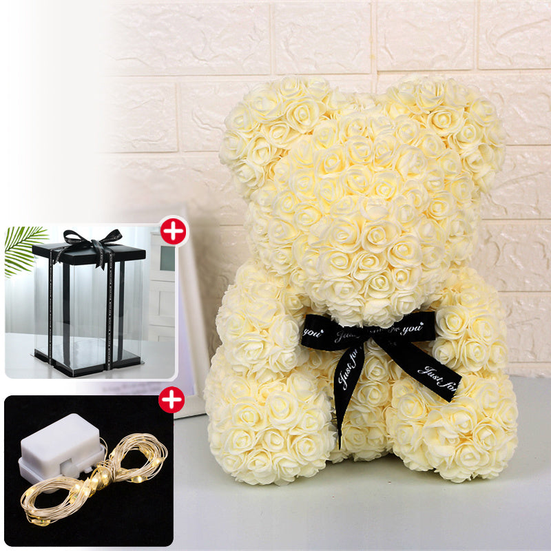 Rose Bear Artificial Flower With Box and Light Rose Teddy Bear Wedding Decor Christmas Women Valentines Girlfriend Birthday Gift