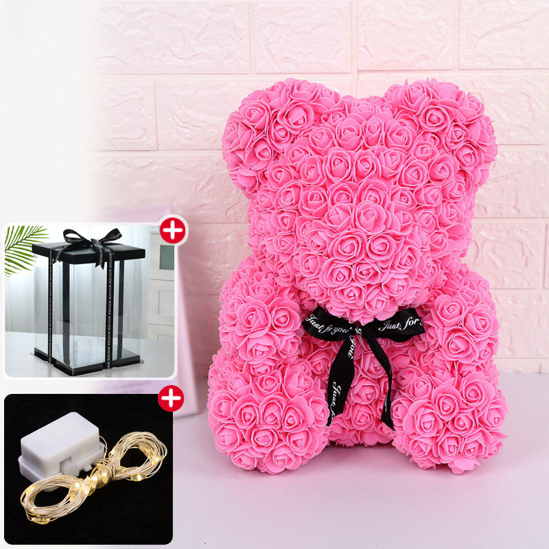 Rose Bear Artificial Flower With Box and Light Rose Teddy Bear Wedding Decor Christmas Women Valentines Girlfriend Birthday Gift