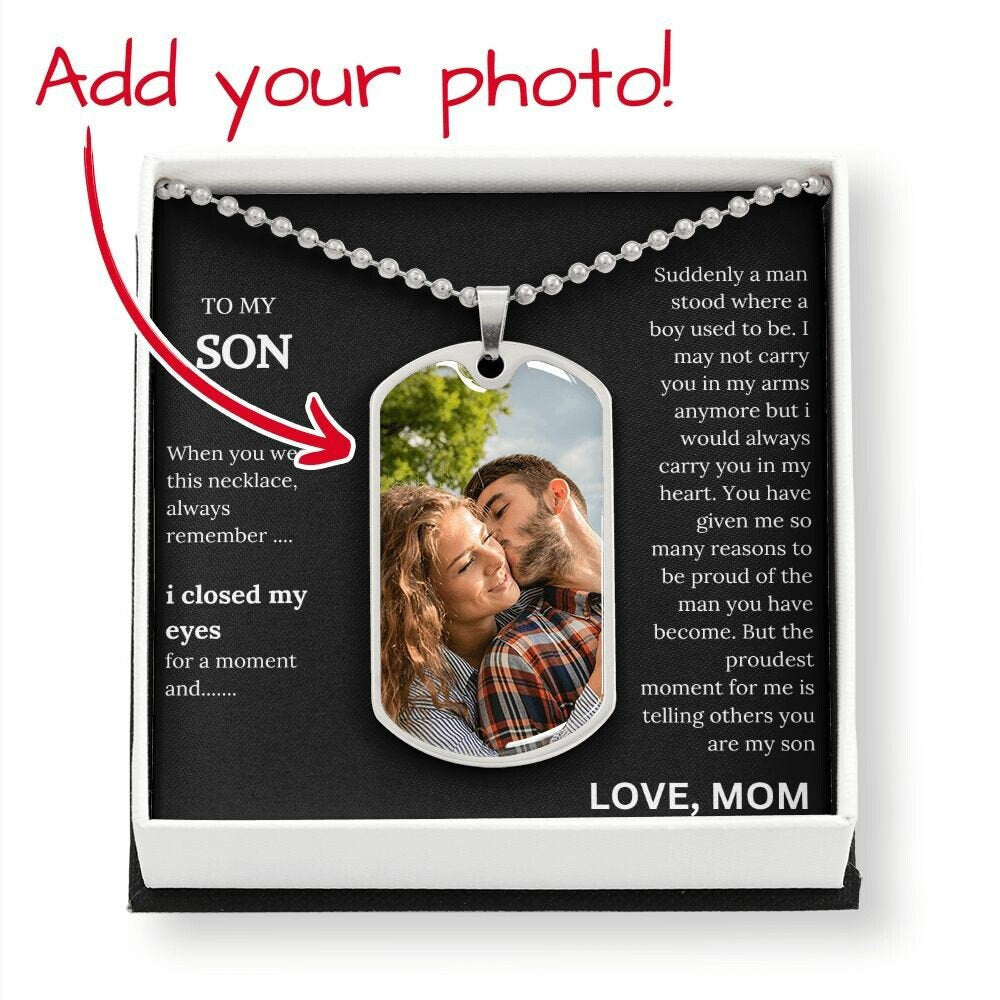 Dog Tag With Pod Message Card | Valentines Day Gift To Son | Personalized Jewelry Gift To Son |  Birthday Gift To Son | Picture Necklace